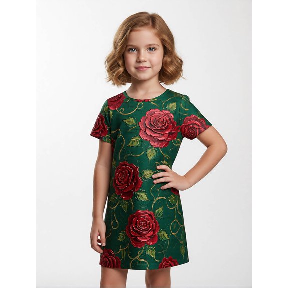 Comfortable Fashion Short Sleeve Dress for Girls Casual Fit Casual Sundress Crew Neck Dress Young Girls Age 5-13