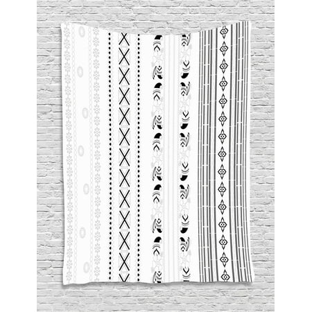 Henna Tapestry, Vertical Stripes with Geometric Floral Old Fashioned Motifs Rangoli Inspired Design, Wall Hanging for Bedroom Living Room Dorm Decor, 60W X 80L Inches, Black White, by