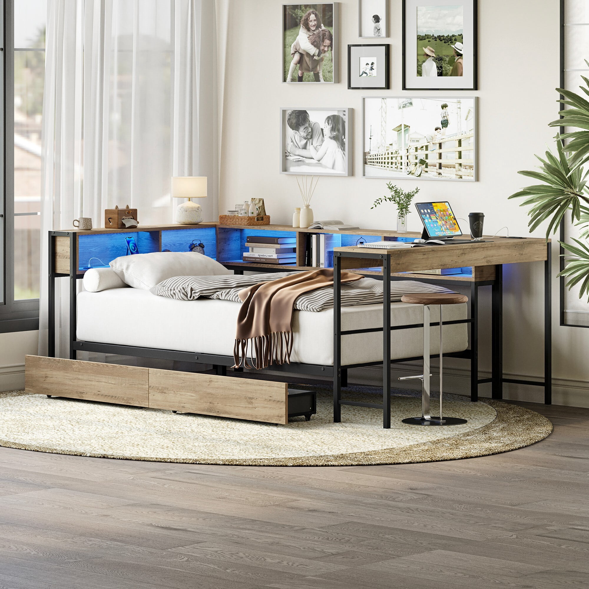 AENKYO Twin Size Corner Daybed with Desk & Bookcase, Bed Frame with LED Lights, Charging Station, Drawers, Gray