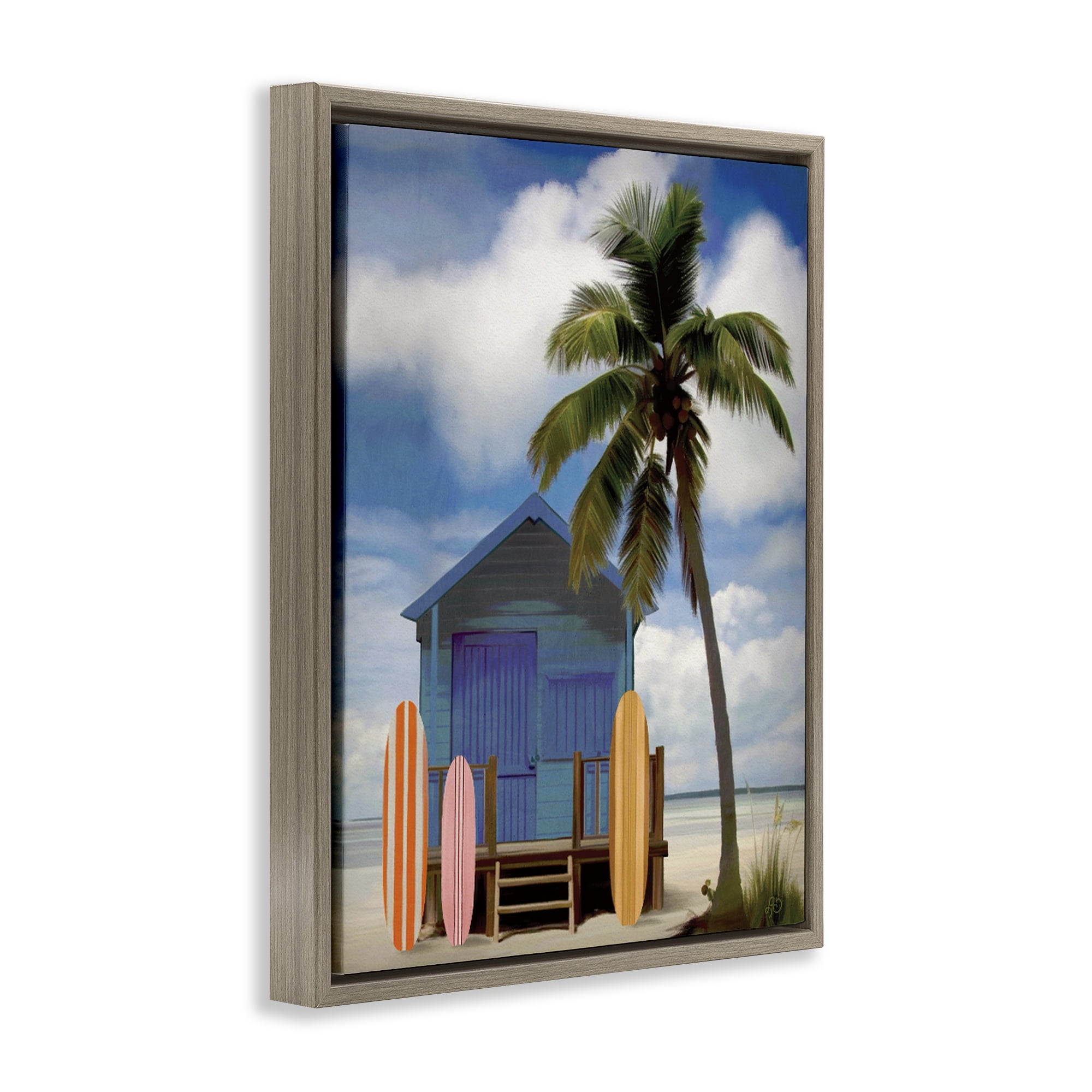 Stupell Industries Palm Overhanging Surf Shop Brown Framed Floater Canvas Wall Art, design by Lisa R Dumm
