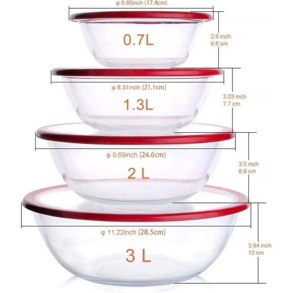 Glass Mixing Bowl Set with Lids, 4PCS Tempered Glass Salad Bowls for Oven, Microwave & Dishwasher Safe (0.7L   1.3L   2L   3L)