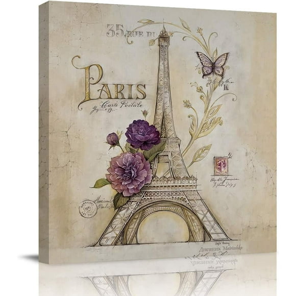 Impression sur Toile Art Mural pour Salle de Bain Cuisine Décoration Murale la Tour Eiffel avec Fleur Image de Carte Postale Rétro Peinture Oeuvre Contemporaine Tendue et Encadrée pour Chambre 12x12 Po