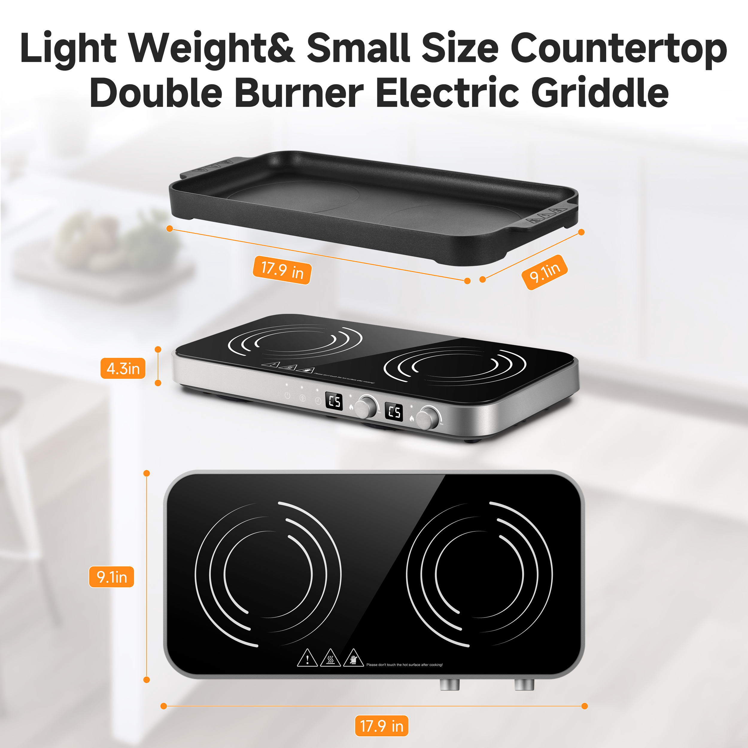 Sunmaki Portable Double Induction Cooktop with Removable Griddle Pan Non-stick, 1800W 2 burner Induction Hot Plate With Sensor Touch 9 Power Levels, 99 Min Timer,Great for Family Party
