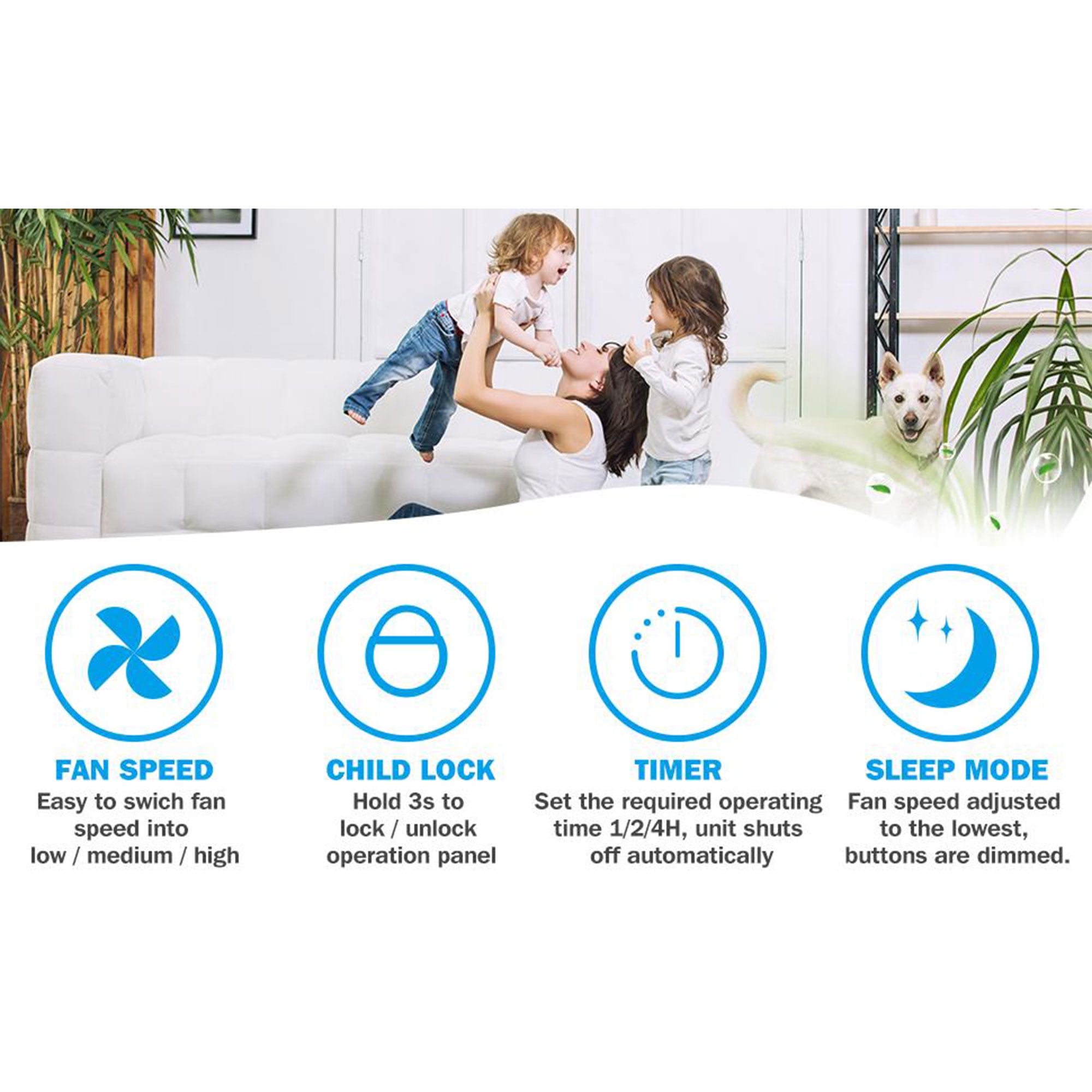 Mooka KJ203F-142 Home Air Purifier for Large Rooms w/ True HEPA Air Filter