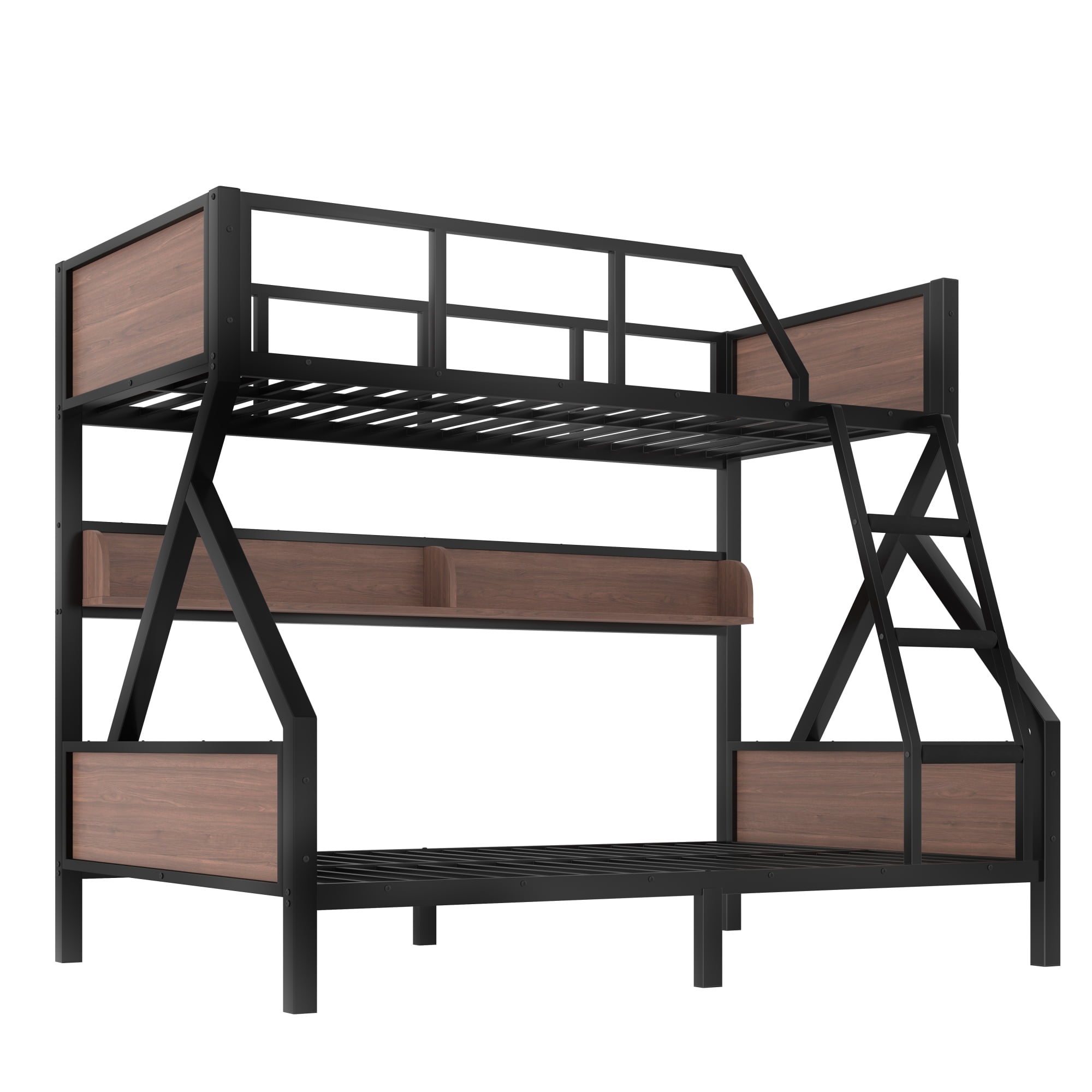 Twin Over Full Size Bunk Bed with Storage Shelves & LED Light, Metal Bunk Bed Frame with Wood Board & Sturdy Slats, Heavy Duty Bed Frame, Noise Free