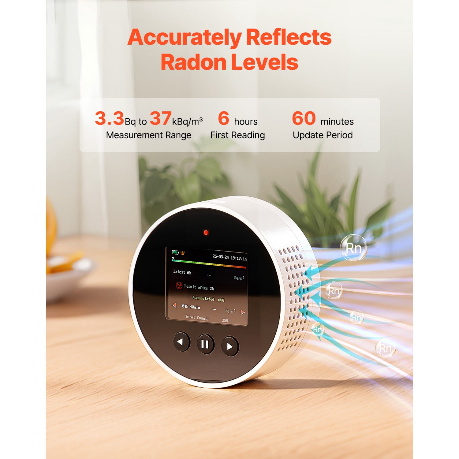 KFFKFF Home Radon Detector, 3.3Bq to 37kBq/m³,  Battery Powered Radon & Air Quality Monitor, Color Screen, Extended Radon Level Tracking, Rechargeable or Wired Option