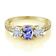 thumbnail image 2 of Gem Stone King 18K Yellow Gold Plated Silver 3-Stone Ring Tanzanite Moissanite(1.87 Cttw) (Size 5), 2 of 4