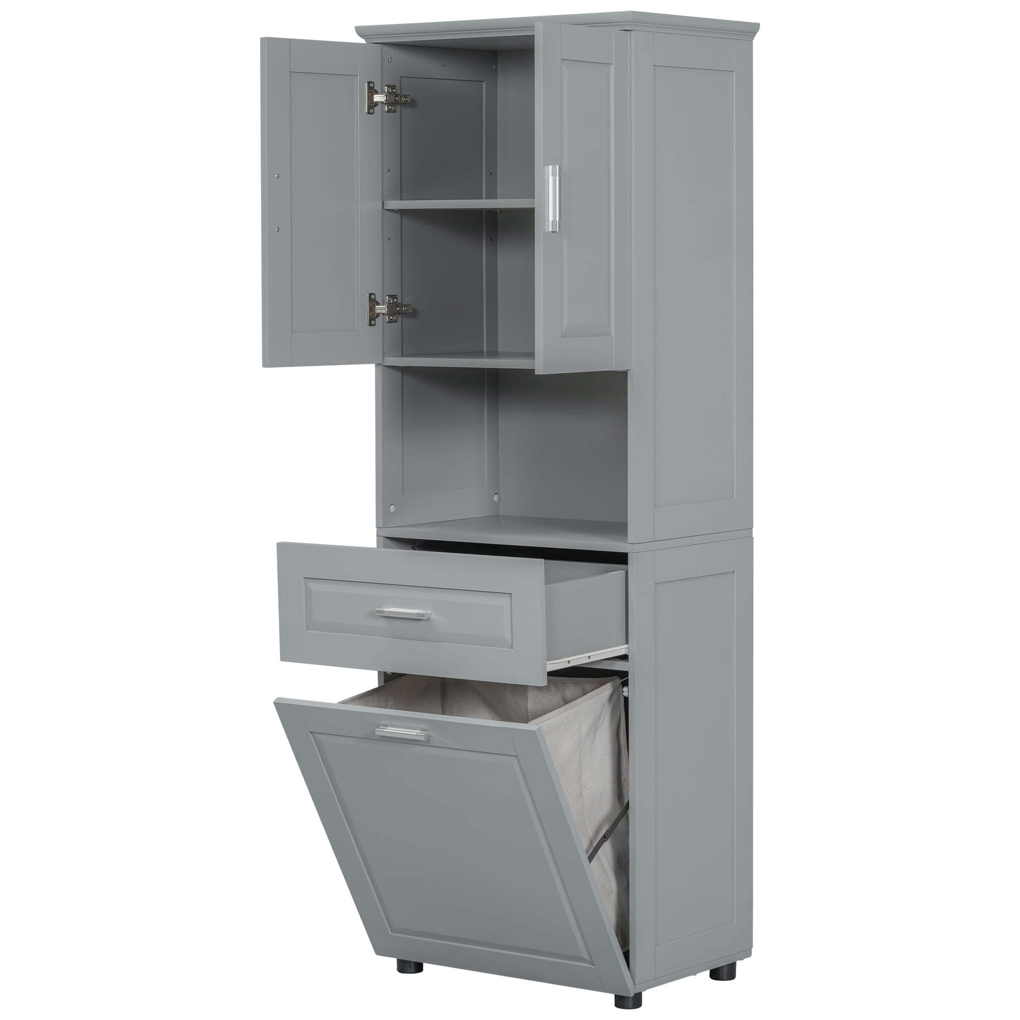 Leumius 70" Tall Bathroom Storage Cabinet with Drawer & Laundry Basket，Modern Freestanding Tilt-Out Laundry Hamper and Upper Storage Cabinet,Grey