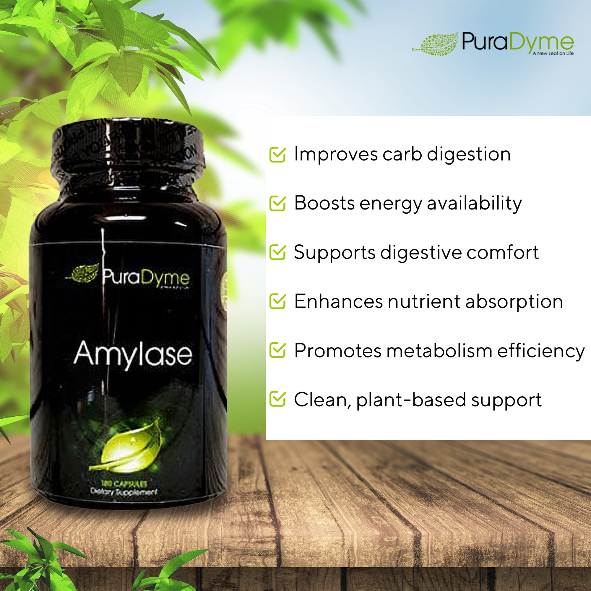 PuraDyme Amylase Digestive Enzymes, Plant-Based Supplement for Carb Digestion, Bloating Relief and Energy Support, Vegan, Gluten-Free, Non-GMO Capsules (180 Capsules)