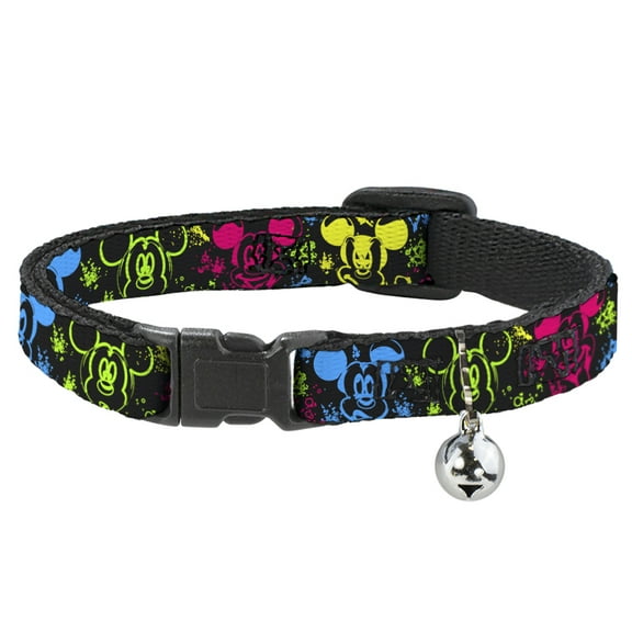 Disney Breakaway Cat Collar With Bell, Plastic Clip, Easy Adjustable, Mickey Expressions Paint Splatter Black Multi Neon, 8.5 to 12 Inches 0.5 Inch Wide