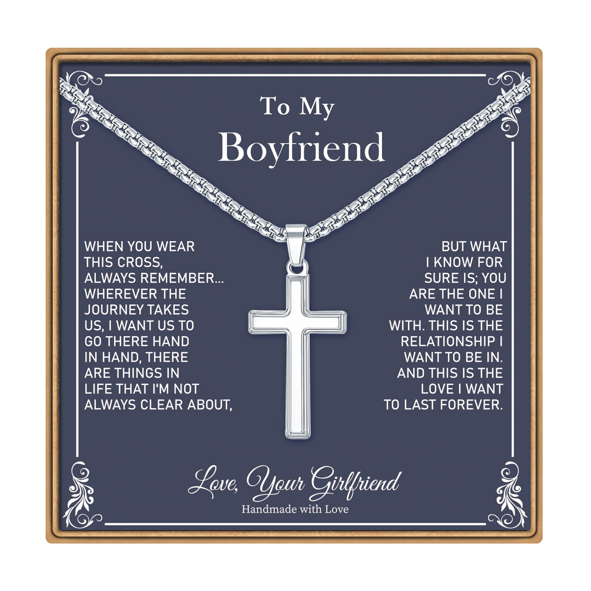 Turandoss Cross Necklaces Gifts for Boyfriend 14K White Gold Plated Dainty Box Chain Trendy Jewelry Birthday Teacher Appreciation Graduation Fathers Day Gifts for Him Her Men Son Dad Boys Girls