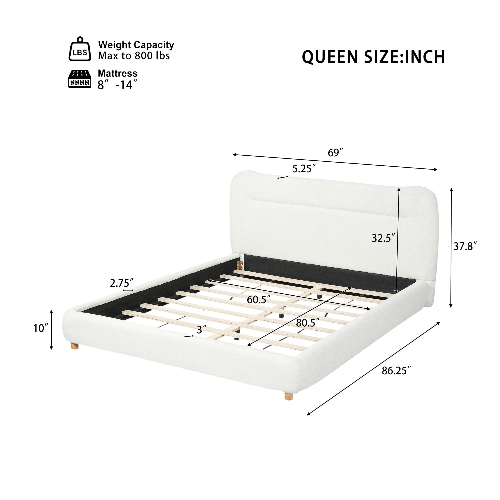 Sailvan Queen Minimalist Teddy Fleece Upholstered Bed Frame with Curved Headboard,Soft Plush Platform Bed,800lb Weight Capacity,Easy Assembly