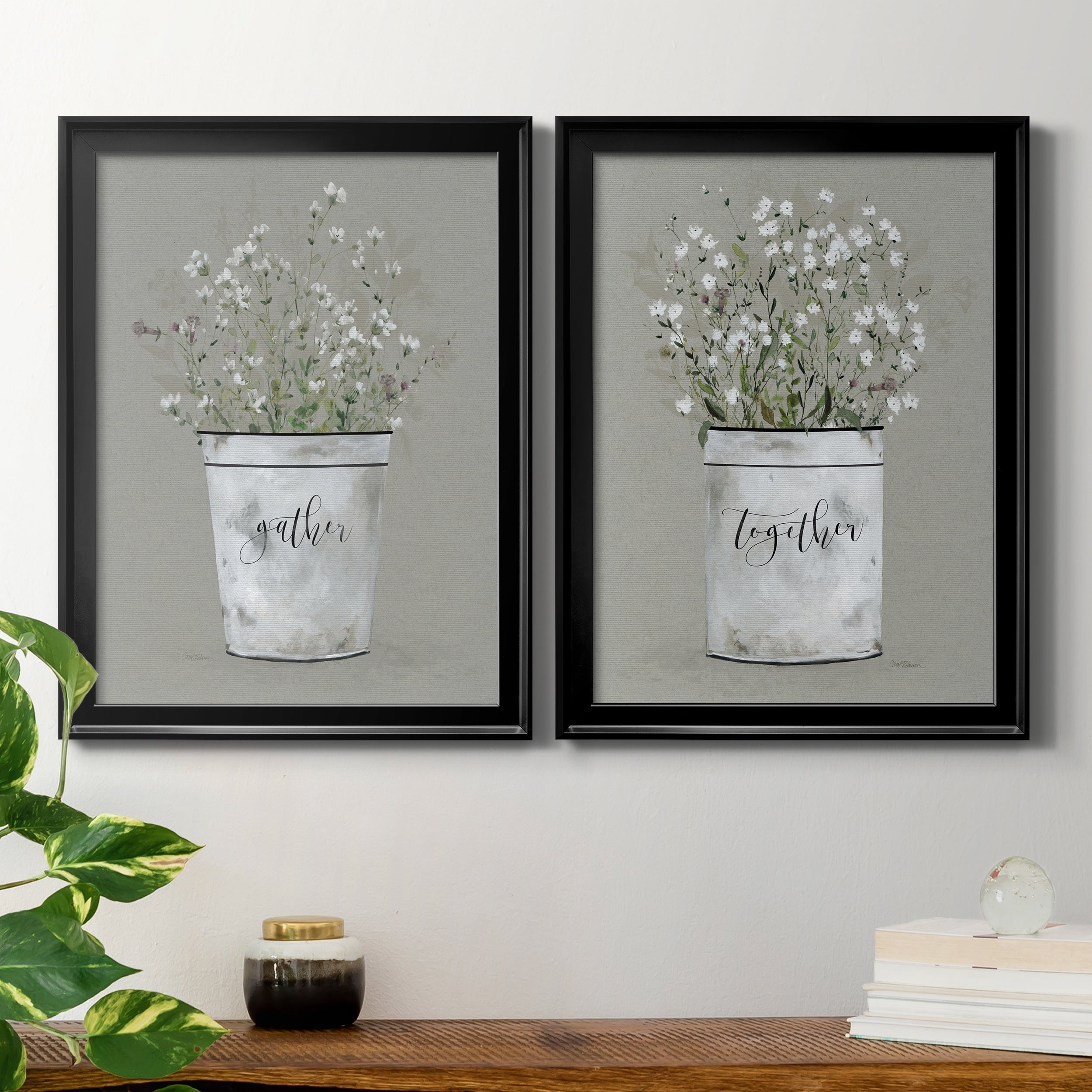2 Piece Set Bouquet of Grace Bucket Gather Premium Framed Canvas - Ready to Hang - 22.5 x 30.5 Each - Black Frame