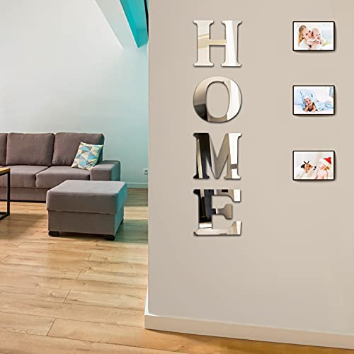 Hearkey Home Sign Wall Decor Mirror Stickers Letters Set Acrylic Large Removable Silver Diy Decal For Bedroom Living Room Bathroom Farmhouse Kitchen Decoration Gift Com - Wall Sticker Letters Large