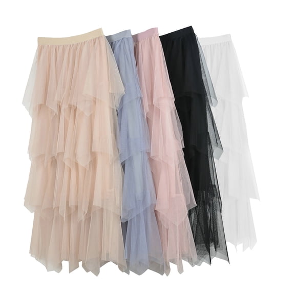 HBGVBA Women's Maxi Skirts,Mesh Pleated Skirts,High Waist Irregular Cake Skirt Multi Layer Midi Skirt For Women Skirts