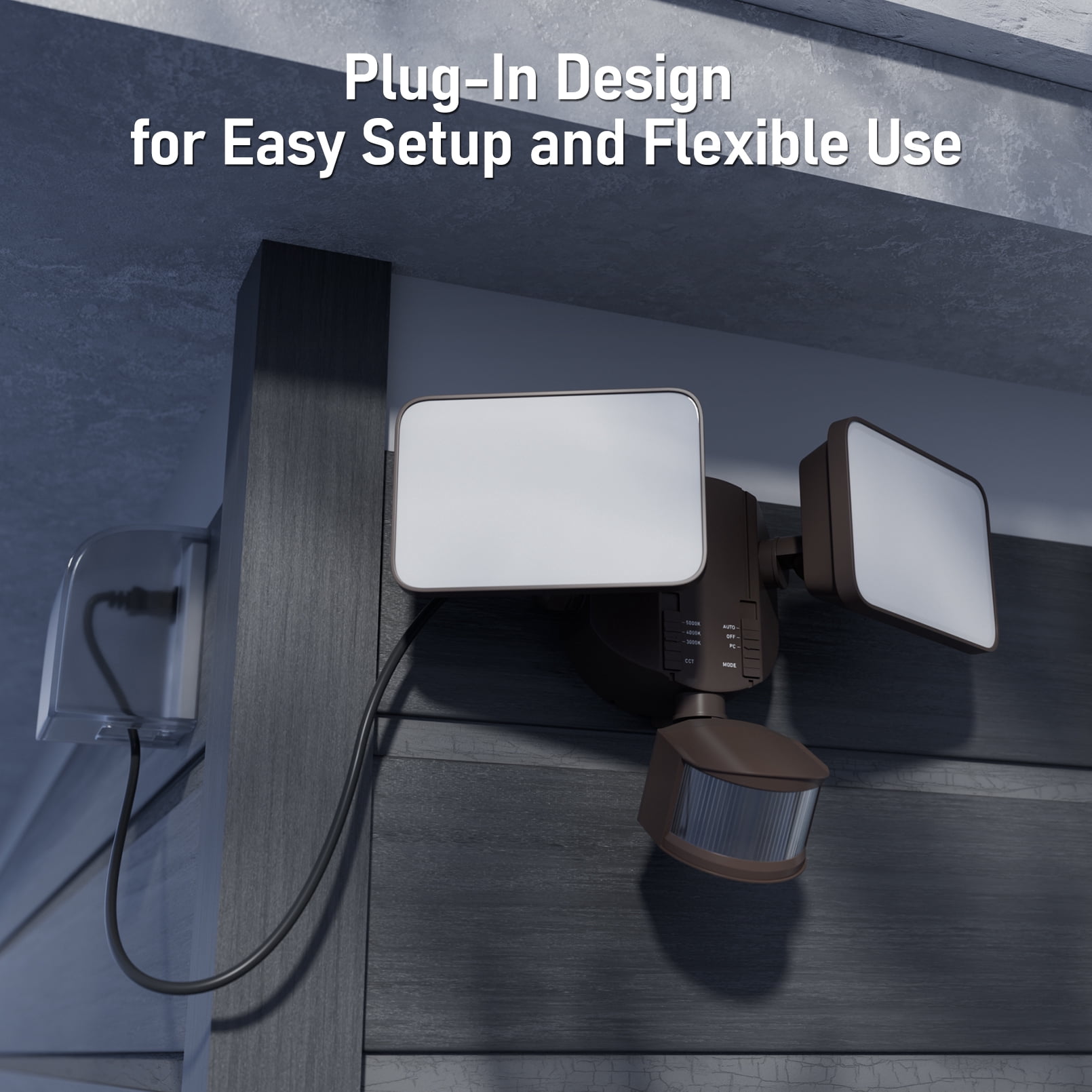 4 Pack 25W 3CCT Dual Head Plug-in LED Security Light, Motion Sensor & Dusk to Dawn Floodlight, 3 Lighting Modes, 3000K/4000K/5000K Selectable, ETL&FCC Listed, Bronze