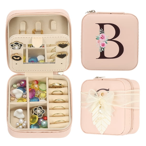 Uxcell Travel Jewelry Case, B Initial Small Travel Jewelry Box Organizer Rings Earrings Storage Case Gifts, Pink
