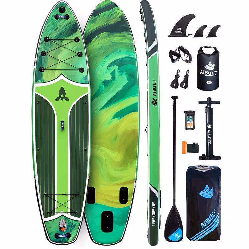 Green, variant on 11' Inflatable Paddle Board for Adults, 34'' Extra Wide Stand Up Paddle Board with EVA Deck, Double Action Pump & Removable Fin, SUP Board 450Lb Capacity for Surf/Yoga/Family