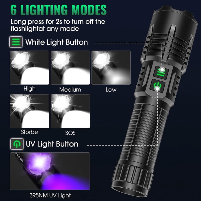 AdamStar UV Flashlight Black Light, 3-in-1 Magnetic Flashlight Rechargeable, 1000 Lumen Tactical LED Flashlight, 7 Modes Waterproof UV Light