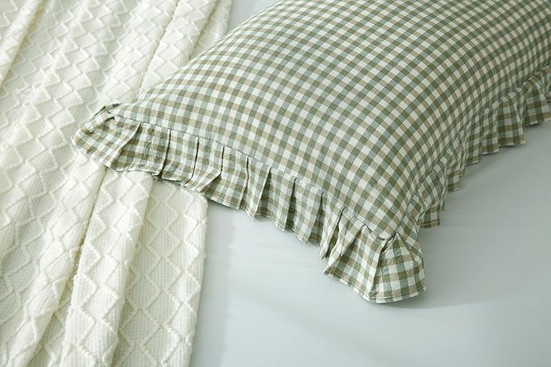 2 Pack Sage Green White Plaid Ruffles Pillow Shams Checkered Pillowcases Gingham Queen Size Pillow Cases Washed Cotton Farmhouse Cottage Pillow Covers for Bed/Sofa(20X30inches,Sage Green/White Plaid)