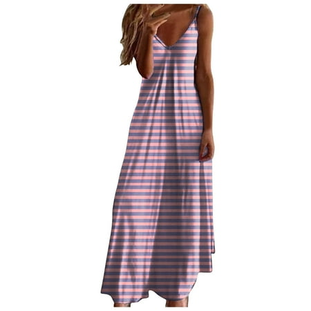 Blphud Leisure Dresses for Women Summer Dresses for Women 2024 Dresses for Women Women Summer Sexy V Neck Halter Dress Fashionable Printed Vacation Beach Dress Maxi Dress Pink XL