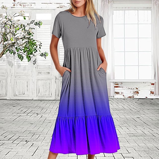 LOVZFMLL Robe d'Été Décontractée pour Femme à Manches Courtes et Col Ras du Cou, Robe Longue Fluide à Étages pour la Plage avec Poches, Robe à Imprimé Dégradé Multicolore G