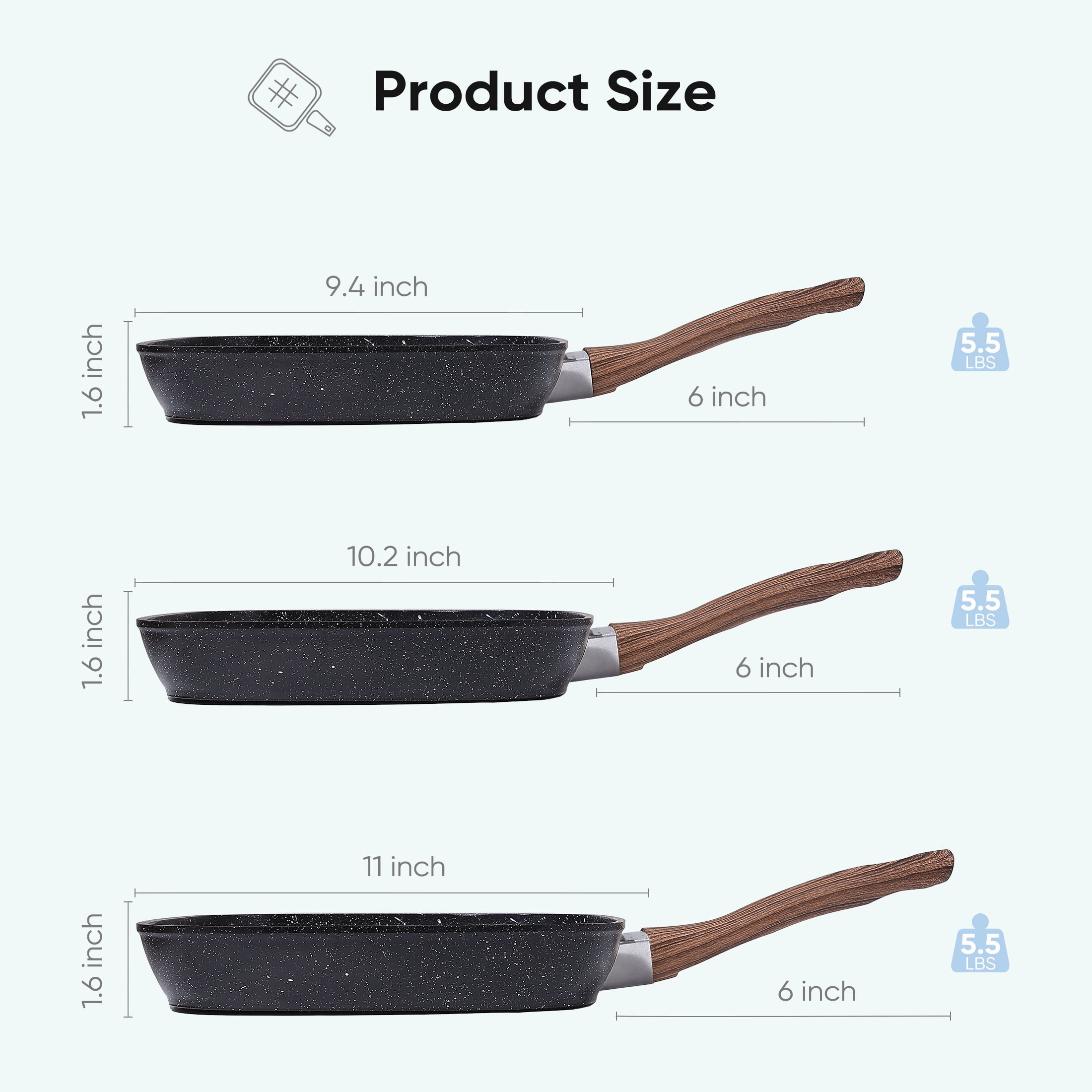 EDX 3 Piece Nonstick Grill Pans, Square Frying Pans Set with Stay Cool Handle ,for Indoor Outdoor RV Camping Cooking, Black