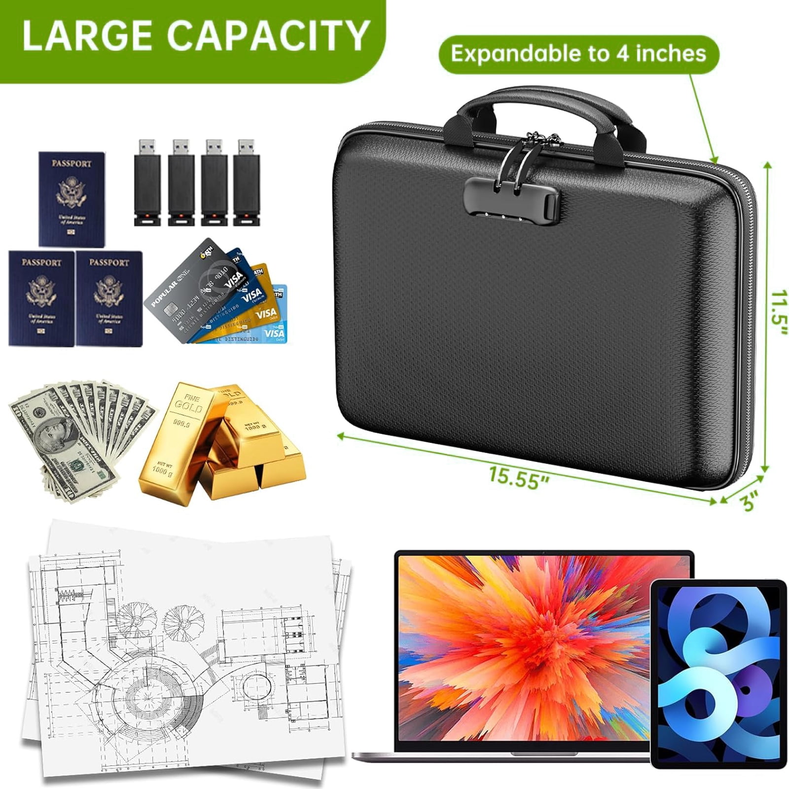 OUTGOO Fireproof File Organizer with Lock, Hard-Shell Case Fireproof Document Box with 13 Pocket Accordion File Folder, Portable Home Office Travel Safe Storage for Important Documents Laptop Black