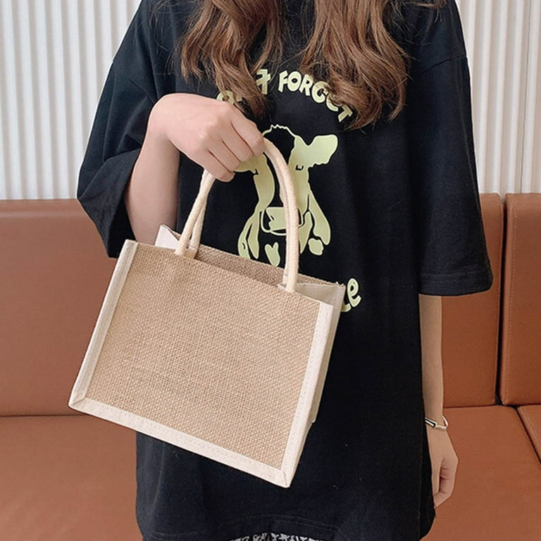 Fashion Pink Flower Initial Name Burlap Tote Bags Blank Jute Beach Shopping  Handbag Vintage Reusable Gift Bags With Handle Portable Women Shopping Bag