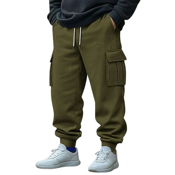 Cargo Pants for Men Casual Solid Color Jogger Sweatpants Elastic Waist Drawstring Joggers Trousers with Pockets, Green, L