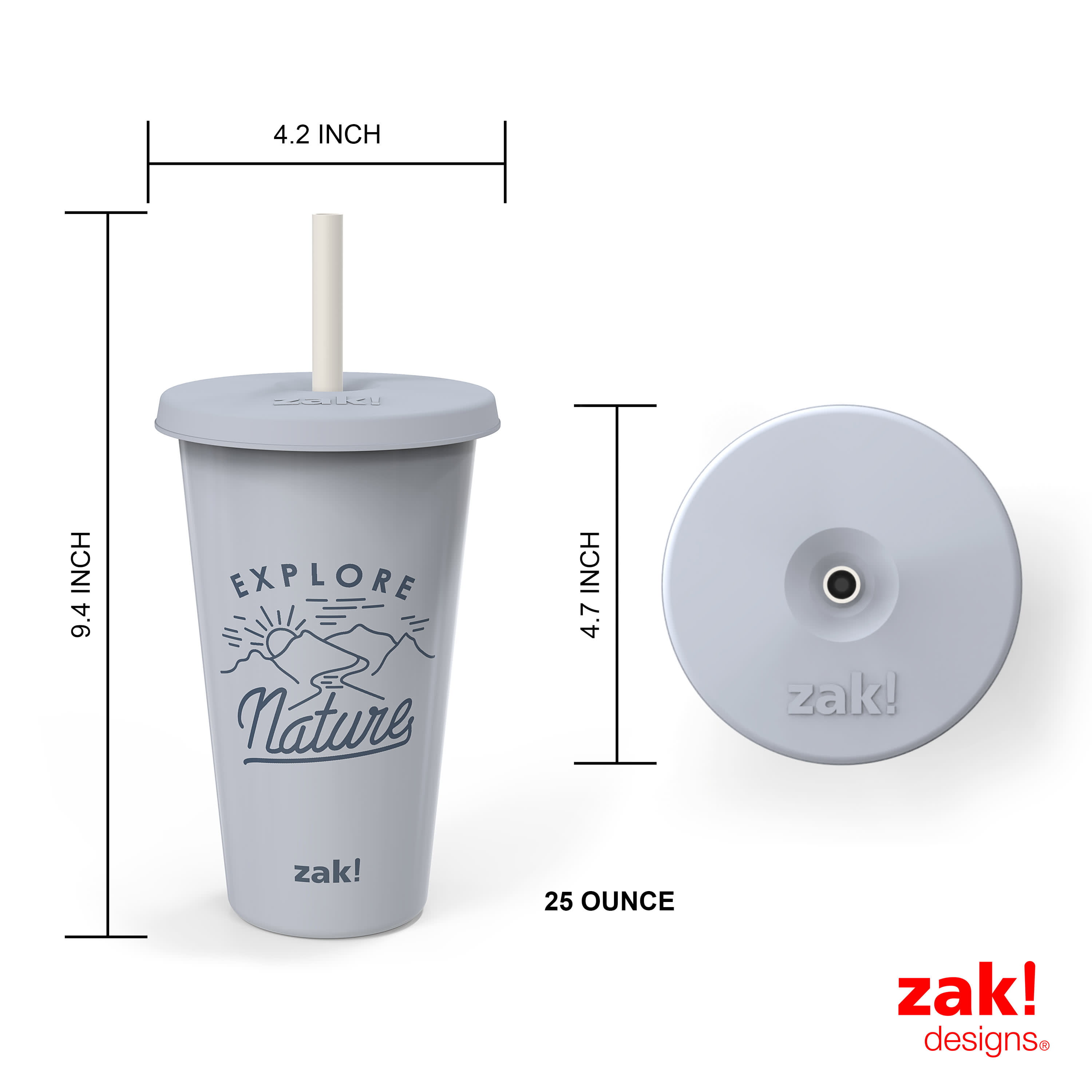 Zak Designs Planeterra 25 Ounce Reusable Plastic Tumblers, Gray, 3-piece  set 