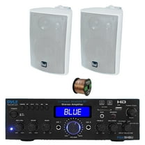 Pyle PDA9HBU 2-Channel Home Theater Bluetooth HiFI Audio Optical/HDMI/USB/SD FM Radio Receiver, 2x 4" 200 Watt Max 3-Way Indoor/Outdoor Wall Mount Audio Speakers (White), 50 ft 16 Gauge Speaker Wire