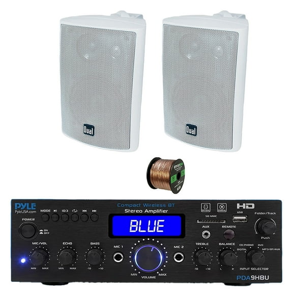 Pyle PDA9HBU 2-Channel Home Theater Bluetooth HiFI Audio Optical/HDMI/USB/SD FM Radio Receiver, 2x 4" 200 Watt Max 3-Way Indoor/Outdoor Wall Mount Audio Speakers (White), 50 ft 16 Gauge Speaker Wire