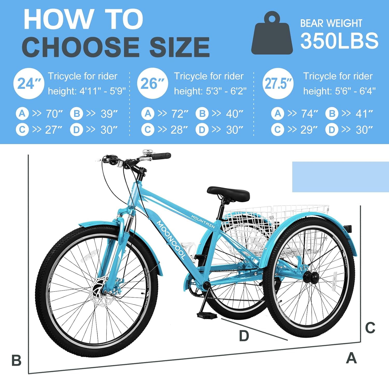 Lilypelle Mountain Tricycle for Adults, MTB 7 Speed Three Wheel Bike, 24/26/27.5 Inch Adults Trikes w/ Disc Brake & Cargo Basket for Women, Men, Seniors