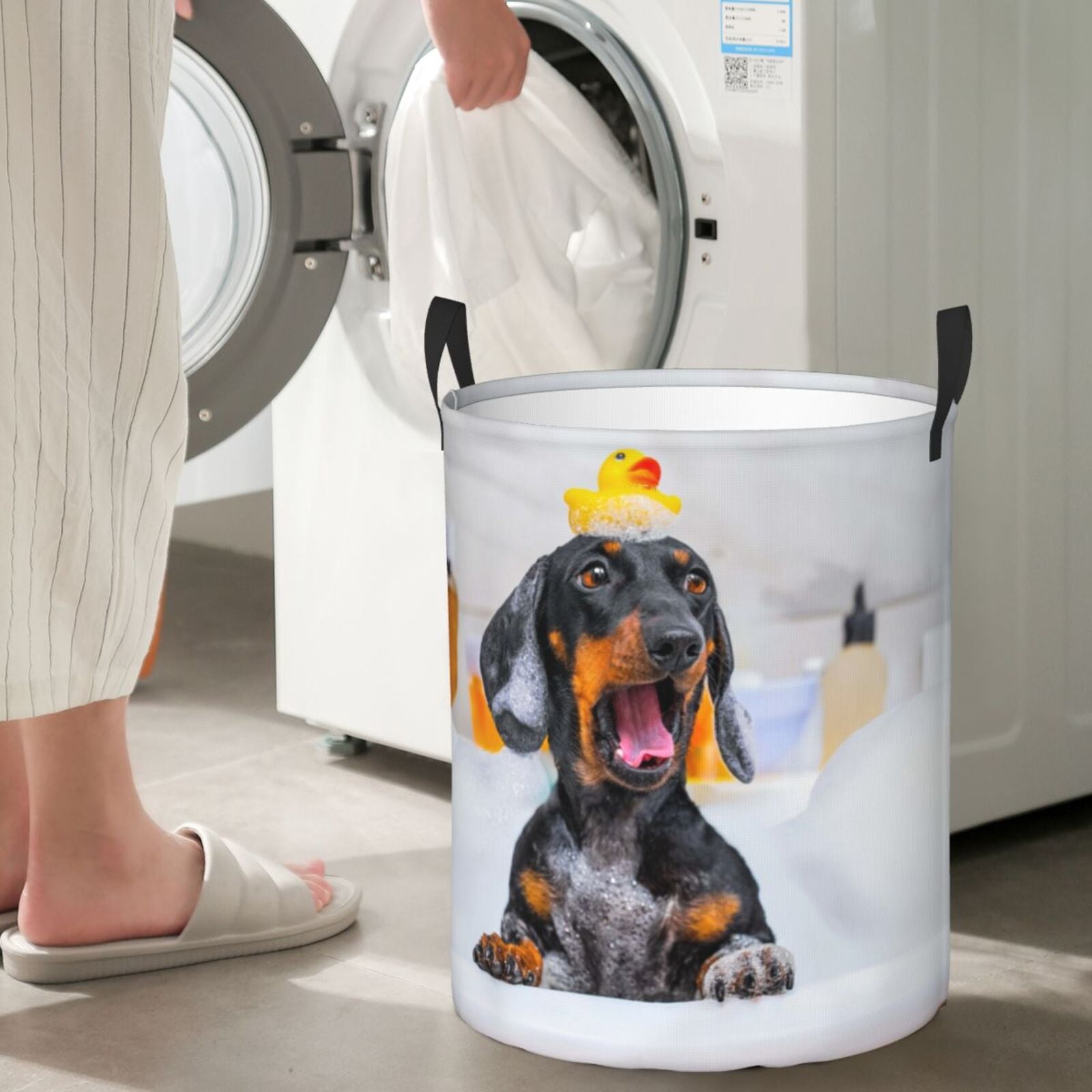 Gukieu Puppy Sits In Bathtub Print Round Dirty Clothes Bag, Waterproof Standing Home Bathroom Storage Basket Car Trunk Storage Bag-Small