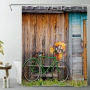 Farmhouse Vintage Shower Curtain for Bathroom,Teal Bicycle with Pastel Floral on Green Grass Field Fabric Shower Curtain with Hooks,Western Grey Barn Door Bathroom Curtain Shower Set, 60x72 inches