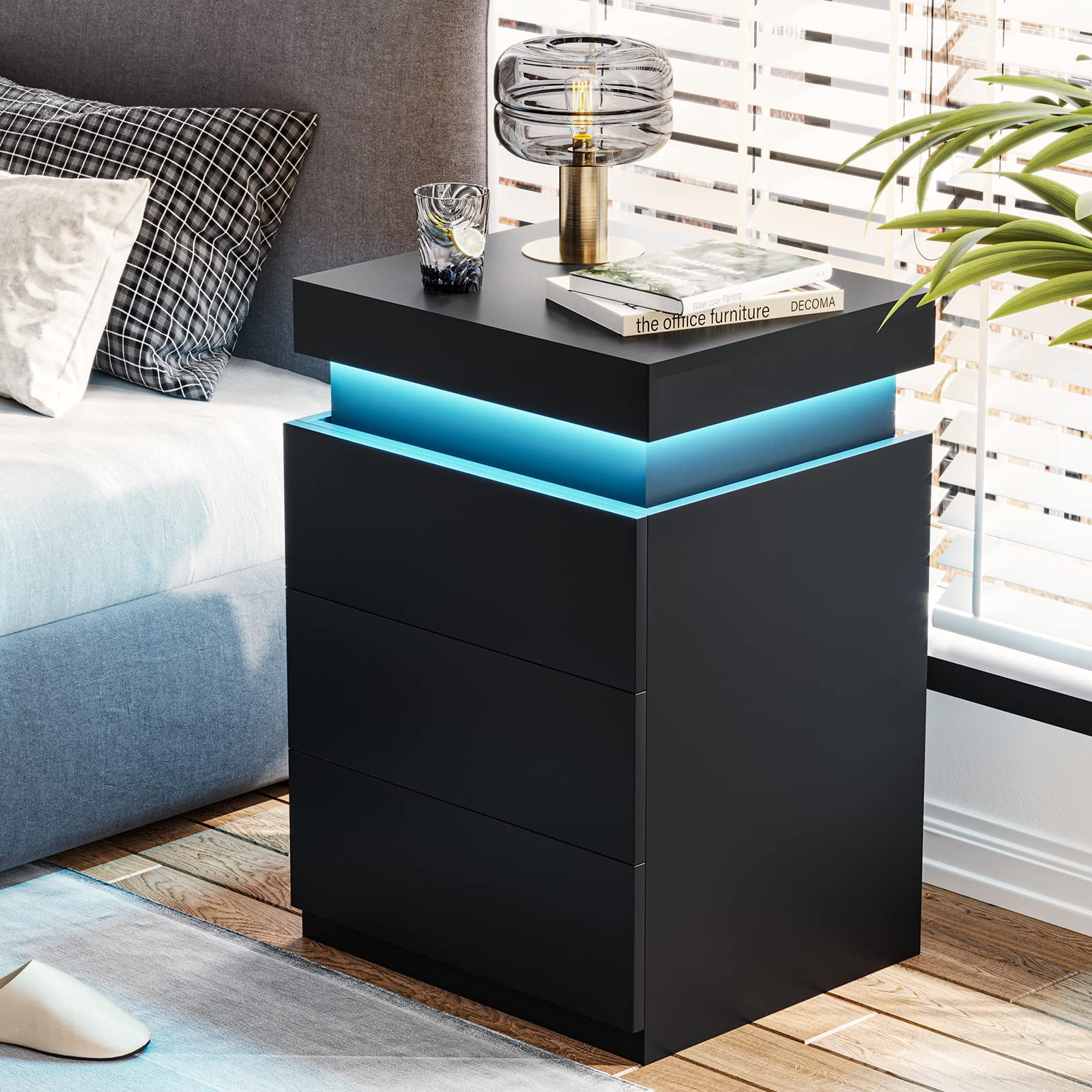 Afuhokles Nightstand with Charging Station and LED Lights,Night Stand with Sliding Top,Bedside Table with Drawers,Modern End Side Table for Bedroom,Black