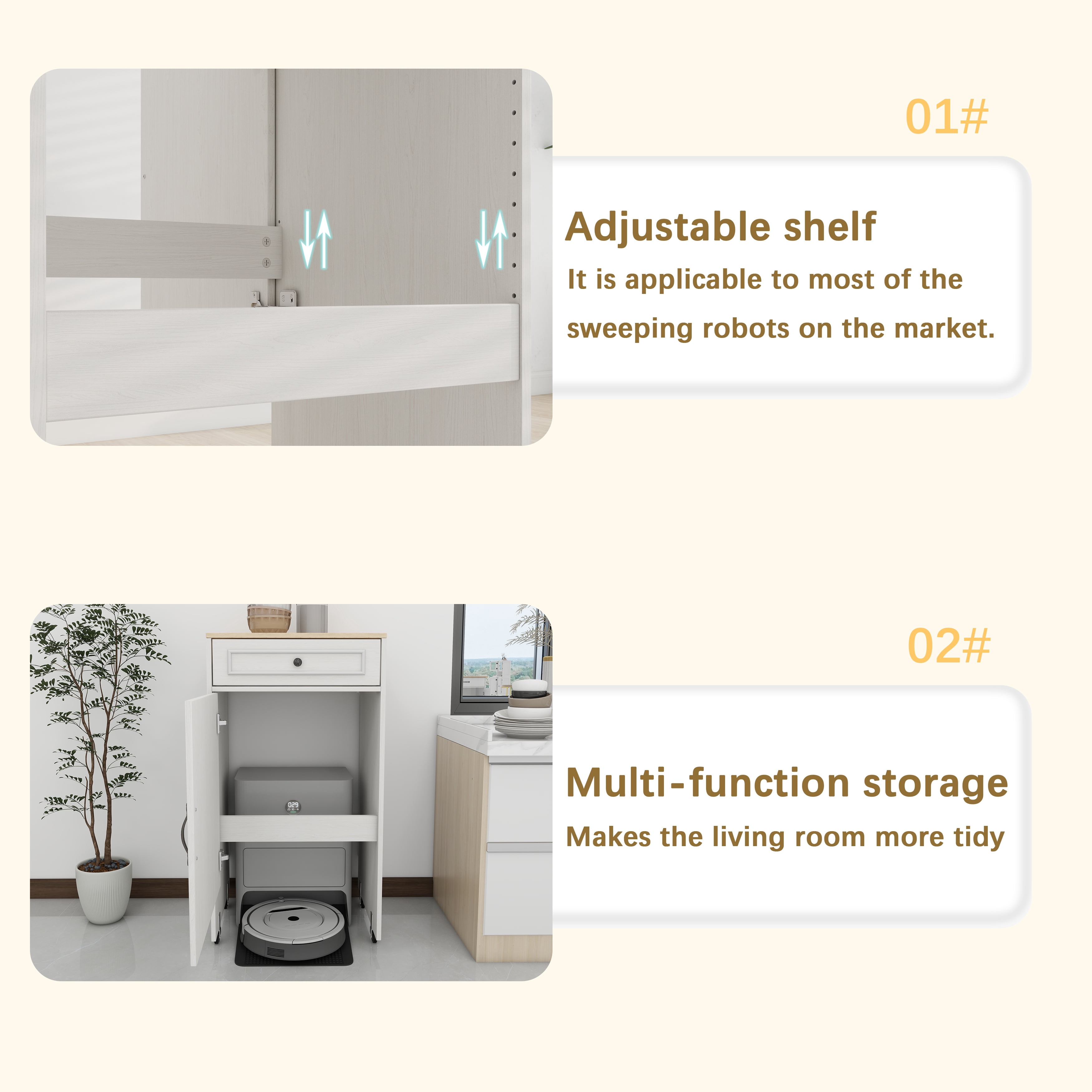 Mintazer Robot Vacuum Storage Cabinet with Wheels, Narrow Side Cabinet with Drawer & Adjustable Shelf, Rolling Robot Vacuum Stand for Living Room Hallway Kitchen, Antique White