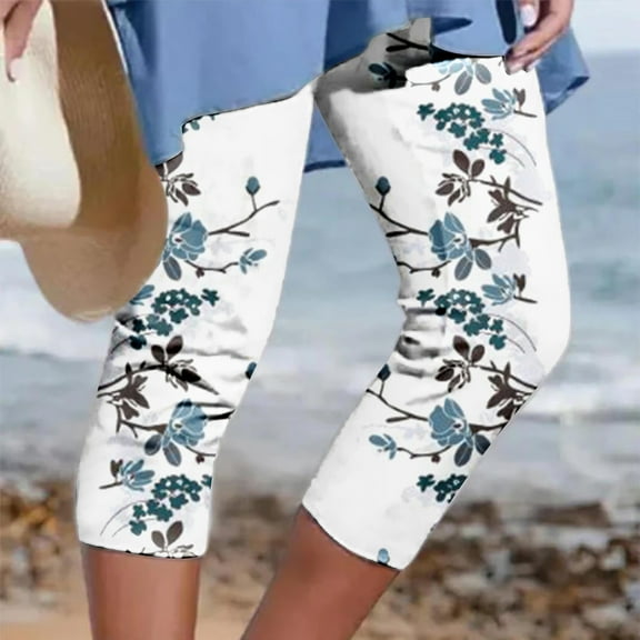 Royisotas Capri Leggings for Women Loose Drawstring Cropped Pant Fashion Flower Print Capris Summer Elastic Waist Beach Pant