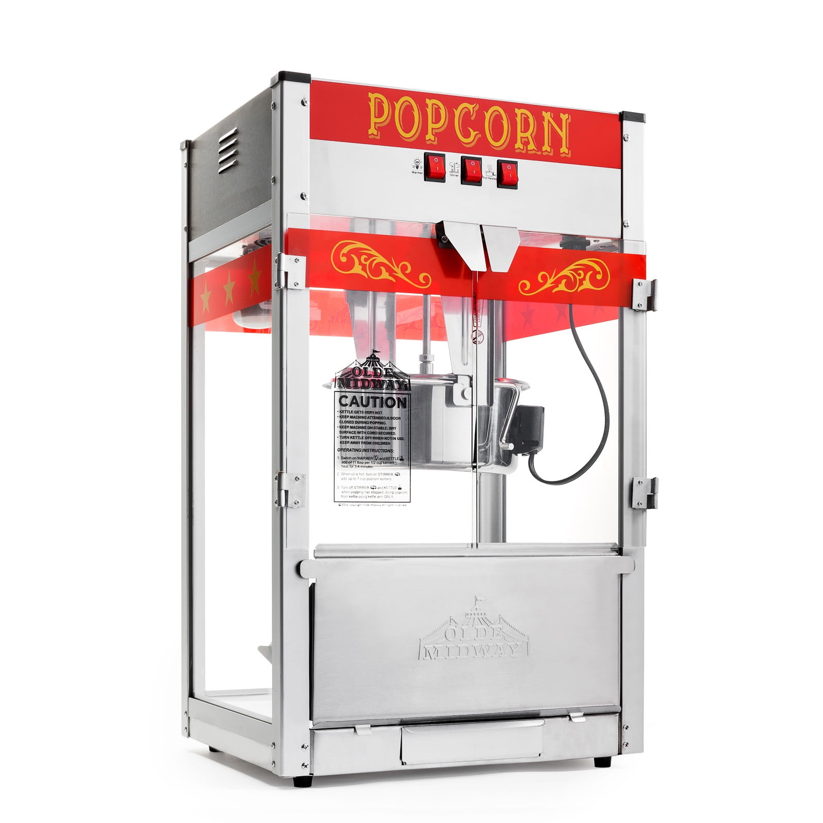 Olde Midway Commercial Popcorn Machine, Bar Style Popper with 12 Ounce Kettle, Red