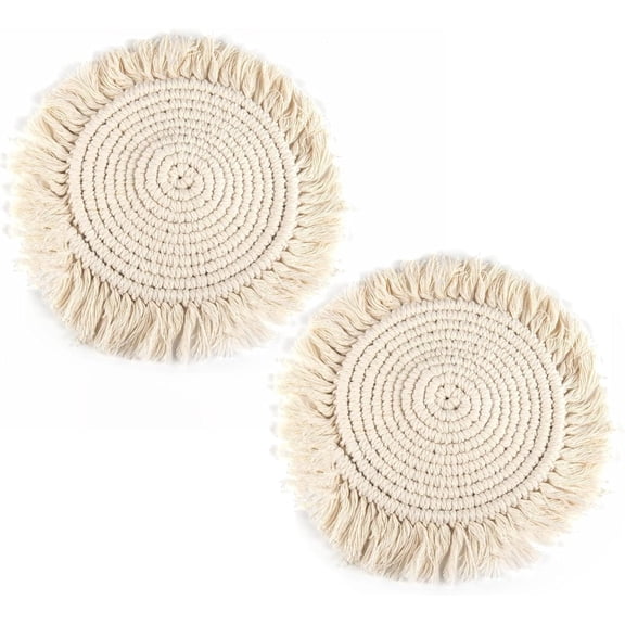 RUseeN Boho Coasters Set of 2, Cute Drink Coasters Absorbent for Desk, Farmhouse Handmade Woven Macrame Coaster for Mugs Cups - Home Decor Housewarming Gift, Round Beige