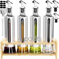 thumbnail image 1 of Botella dispensadora de aceite, paquete de 4 botellas dispensadoras de aceite de oliva de vidrio con estante, juego de dispensador de aceite y vinagre de 17 oz/500 ml envuelto en carcasa de acero, 1 of 7
