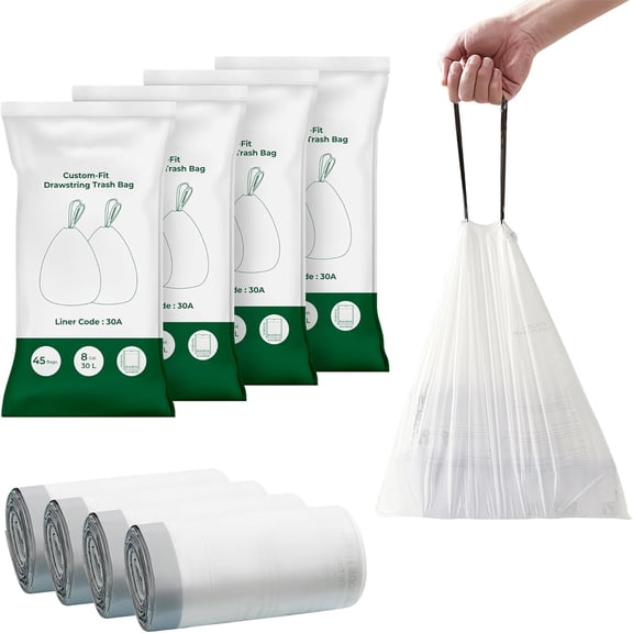 Trash Bags for 8-Gallon (30 L) Trash Cans, Drawstring Kitchen Garbage Bags, Pre-Separated, Liner Code 30A, 4 Rolls, 180 Count, White