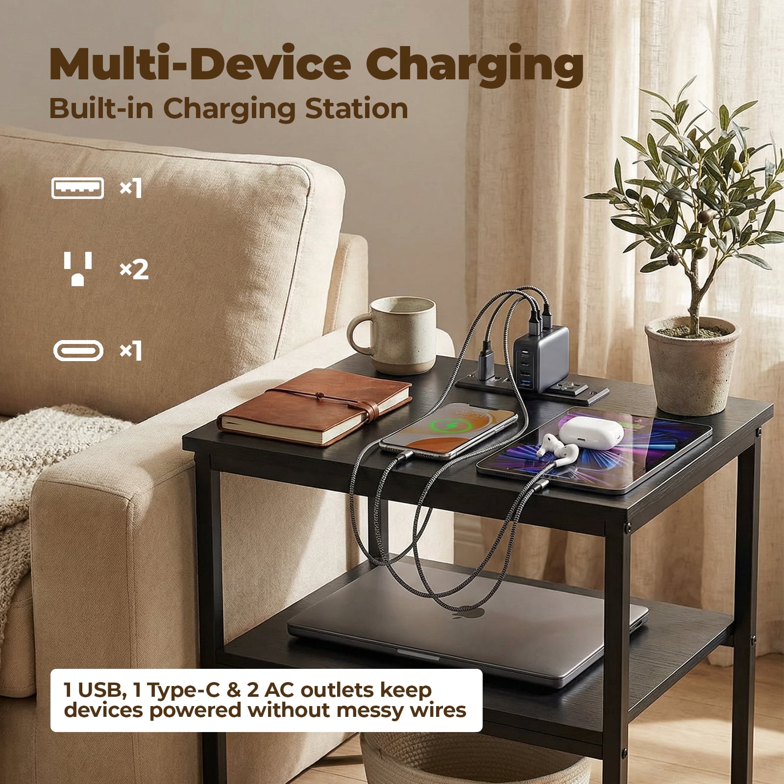 Alvantar Bedside Table Charging Station Nightstand with USB/C Ports, Adjustable Drawers, 3-Tier Storage Shelf