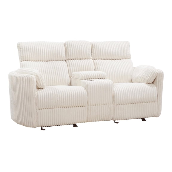 Pemberly Row Fabric Power Glider Reclining Console Loveseat in Ivory