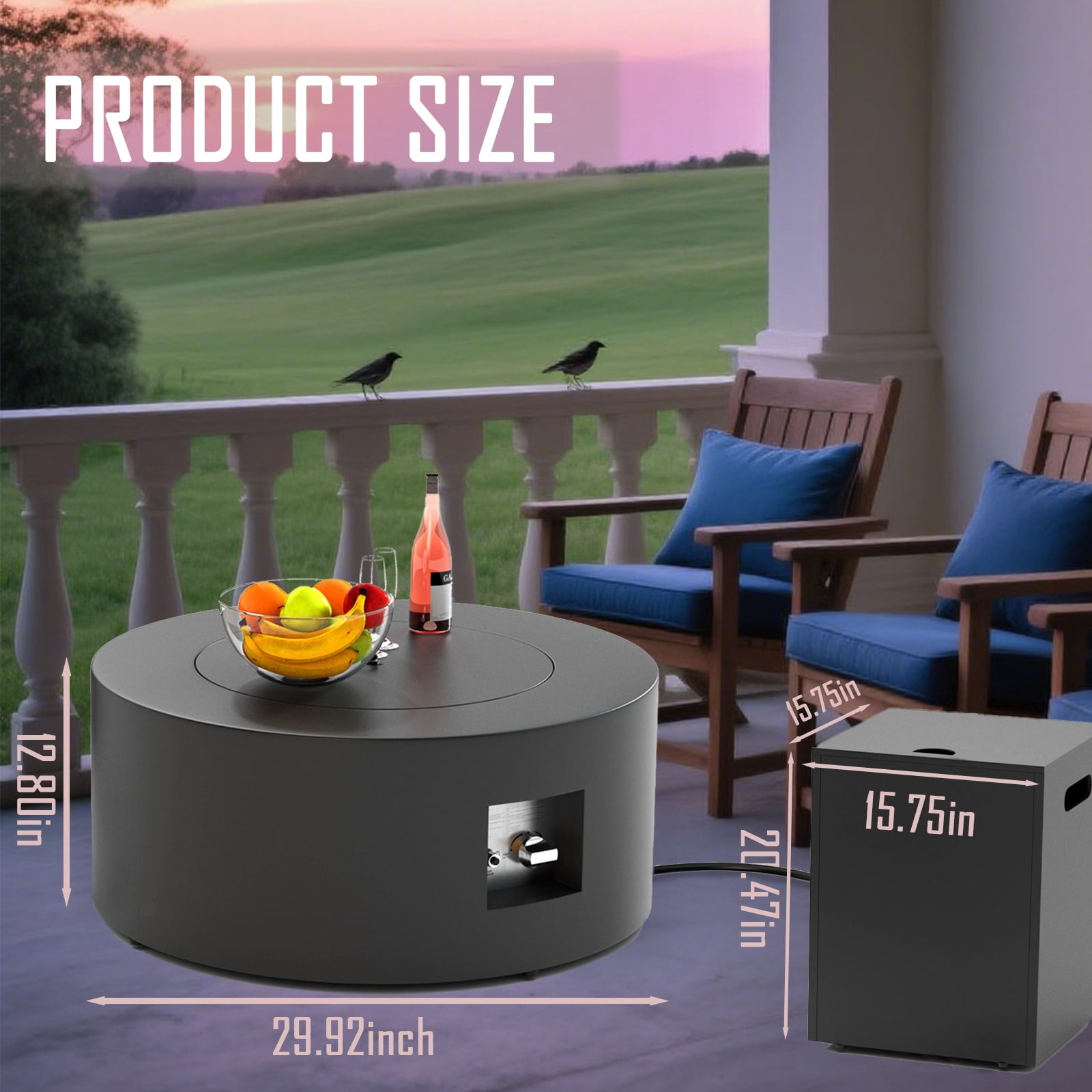 30" Dark Grey Round Outdoor Propane Fire Pit Table with Tank Storage | 50,000 BTU Heat | CSA Certified | Includes Cover & Stones