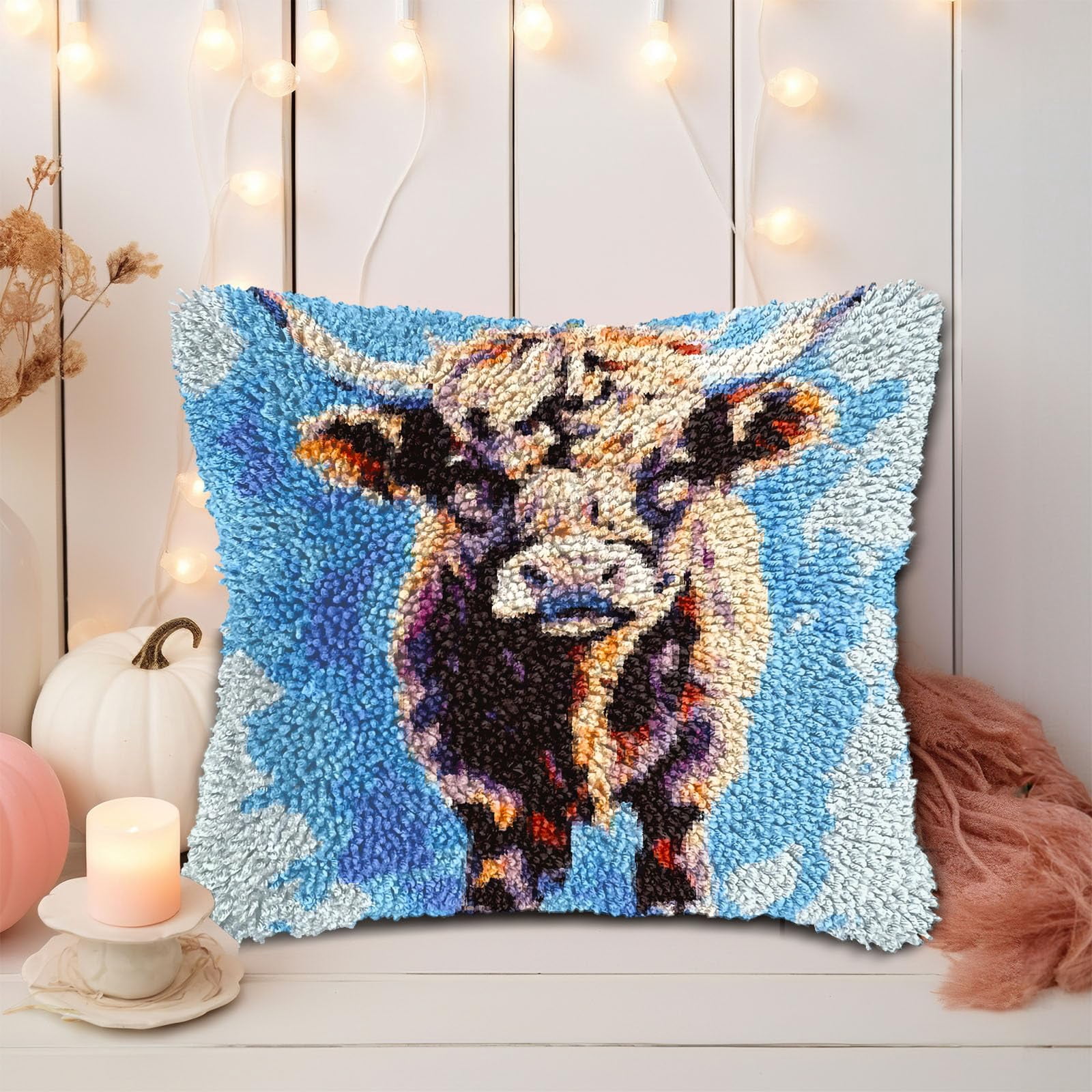 Cute Highland Cattle in Sky DIY Latch Hook Pillow Kits for Adults Printed Pillowcase Crochet Yarns Hooking Handmade Pillow Cover Cushion for Home Sofa Decoration 17x17inch