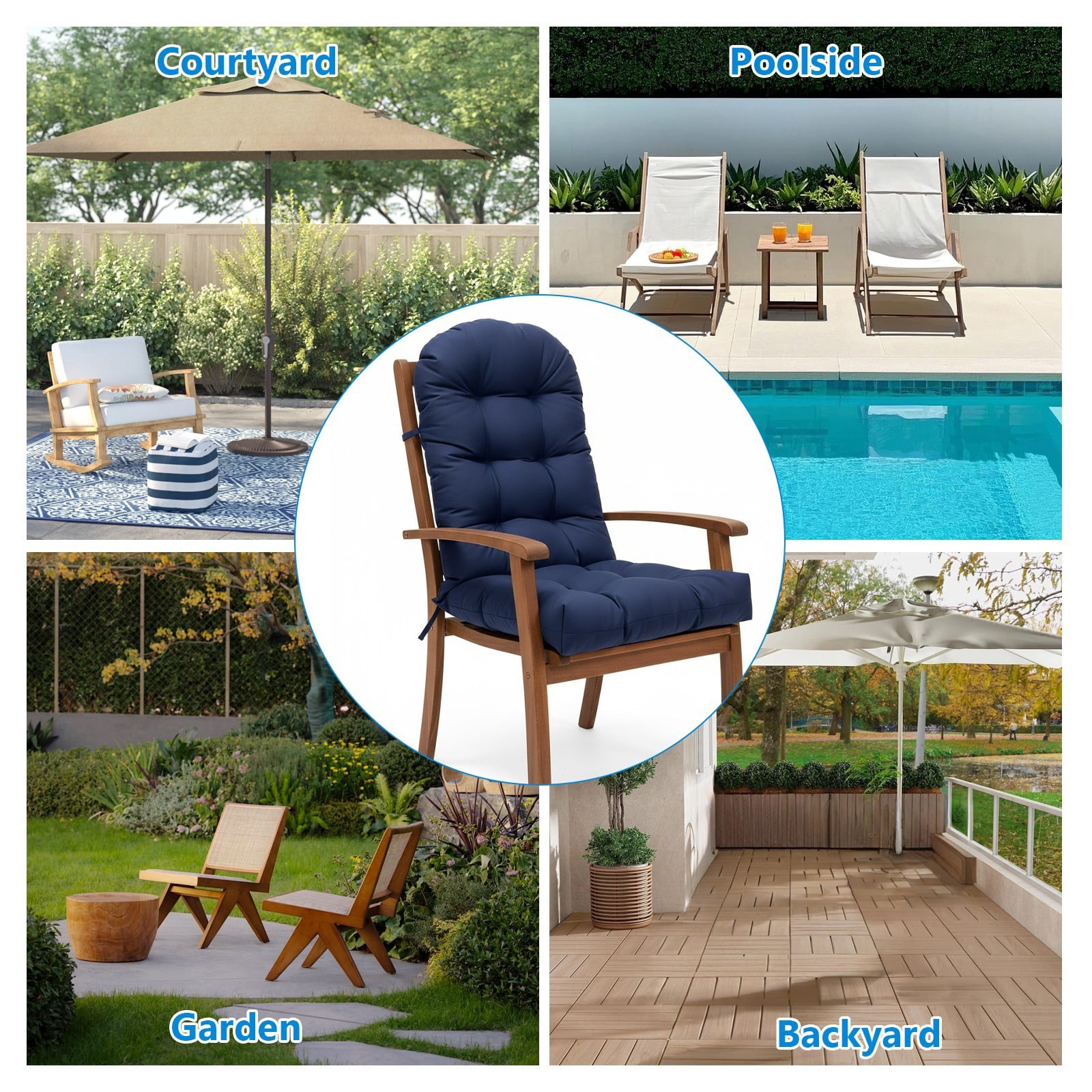 TOPCHANCES Outdoor Adirondack Chair Cushion with Ties, Water-Resistant Oxford Fabric High Back Rocking Chair Cushions (Navy Blue)