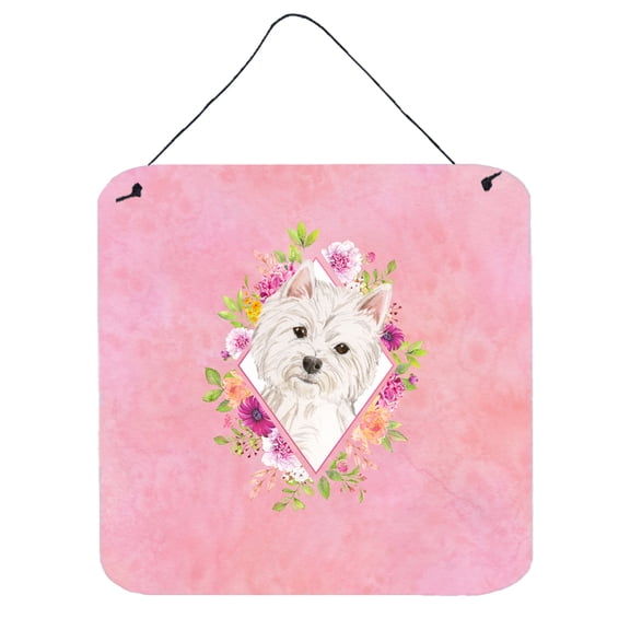 Carolines Treasures CK4203DS66 Westie Pink Flowers Wall or Door Hanging Prints 6x6 multicolor