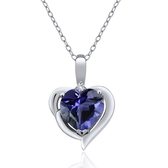 Gem Stone King 925 Sterling Silver Blue Iolite and White Created Sapphire Heart Shape Pendant Necklace for Women (1.26 Cttw, Heart 8MM, Gemstone Birthstone, with 18 inch Chain)